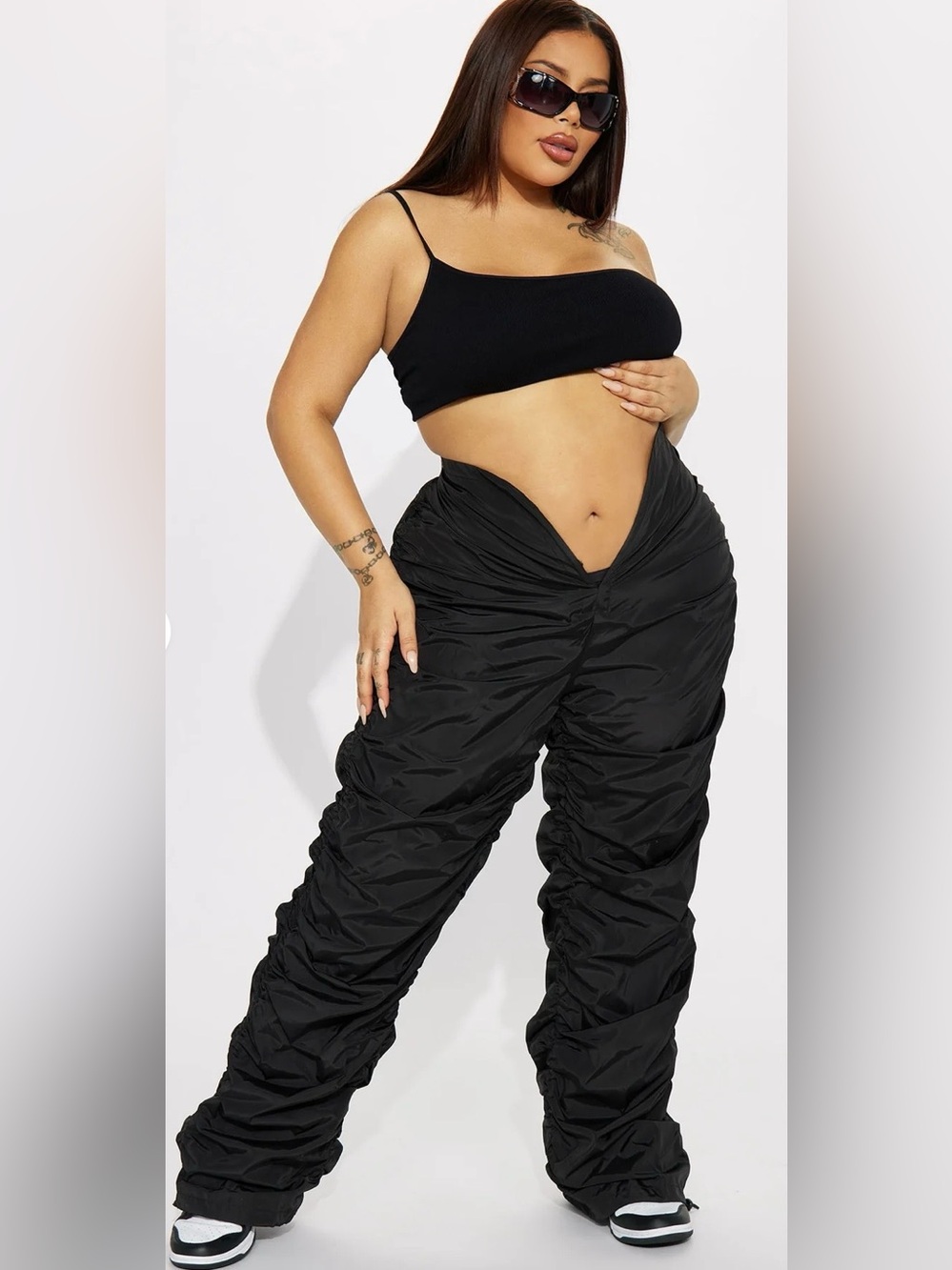 Fashion Nova Vain V-Front Ruched Stacked Parachute Pants Black Women 1X